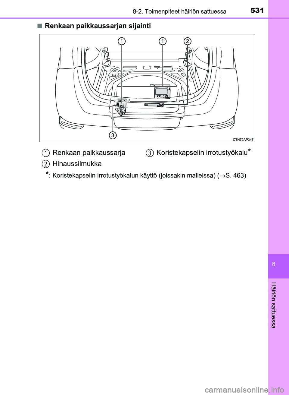 TOYOTA AURIS 2018  Omistajan Käsikirja (in Finnish) 5318-2. Toimenpiteet häiriön sattuessa
OM12M54FI
8
Häiriön sattuessa
nRenkaan paikkaussarjan sijainti
*: Koristekapselin irrotustyökalun käyttö (joissakin malleissa) (→S. 463)
Renkaan paikkau