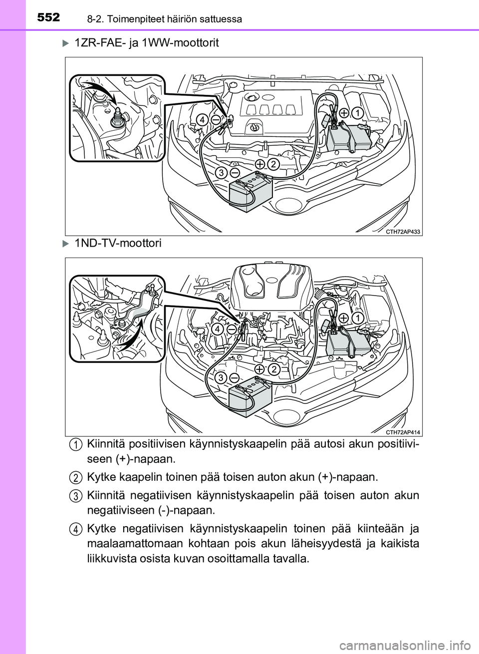 TOYOTA AURIS 2018  Omistajan Käsikirja (in Finnish) 5528-2. Toimenpiteet häiriön sattuessa
OM12M54FI
1ZR-FAE- ja 1WW-moottorit
1ND-TV-moottoriKiinnitä positiivisen kä ynnistyskaapelin pää autosi akun positiivi-
seen (+)-napaan.
Kytke kaapel