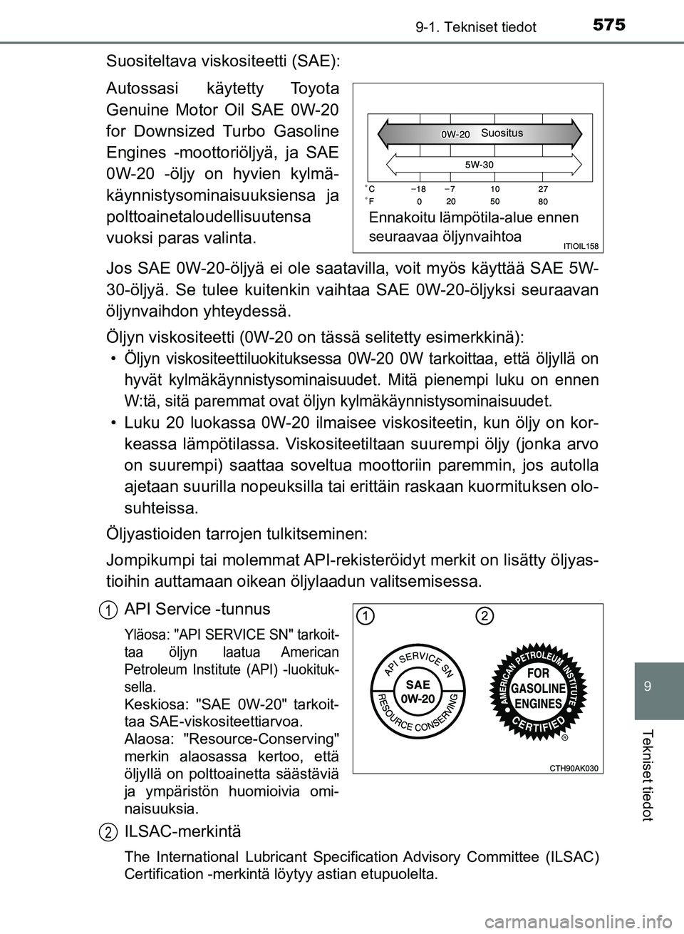 TOYOTA AURIS 2018 Omistajan Käsikirja (in Finnish) 5759-1. Tekniset tiedot
OM12M54FI
9
Tekniset tiedot
Suositeltava viskositeetti (SAE):
Autossasi käytetty Toyota
Genuine Motor Oil SAE 0W-20
for Downsized Turbo Gasoline
Engines -moottoriöljyä, ja S TOYOTA AURIS 2018 Omistajan Käsikirja (in Finnish) 5759-1. Tekniset tiedot
OM12M54FI
9
Tekniset tiedot
Suositeltava viskositeetti (SAE):
Autossasi käytetty Toyota
Genuine Motor Oil SAE 0W-20
for Downsized Turbo Gasoline
Engines -moottoriöljyä, ja S