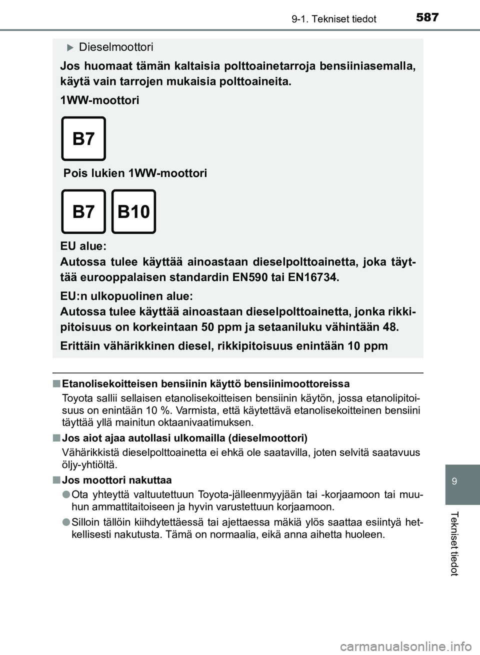 TOYOTA AURIS 2018 Omistajan Käsikirja (in Finnish) 5879-1. Tekniset tiedot
OM12M54FI
9
Tekniset tiedot
nEtanolisekoitteisen bensiinin käyttö bensiinimoottoreissa
Toyota sallii sellaisen etanolisekoitteisen bensiinin käytön, jossa etanolipitoi-
suu TOYOTA AURIS 2018 Omistajan Käsikirja (in Finnish) 5879-1. Tekniset tiedot
OM12M54FI
9
Tekniset tiedot
nEtanolisekoitteisen bensiinin käyttö bensiinimoottoreissa
Toyota sallii sellaisen etanolisekoitteisen bensiinin käytön, jossa etanolipitoi-
suu