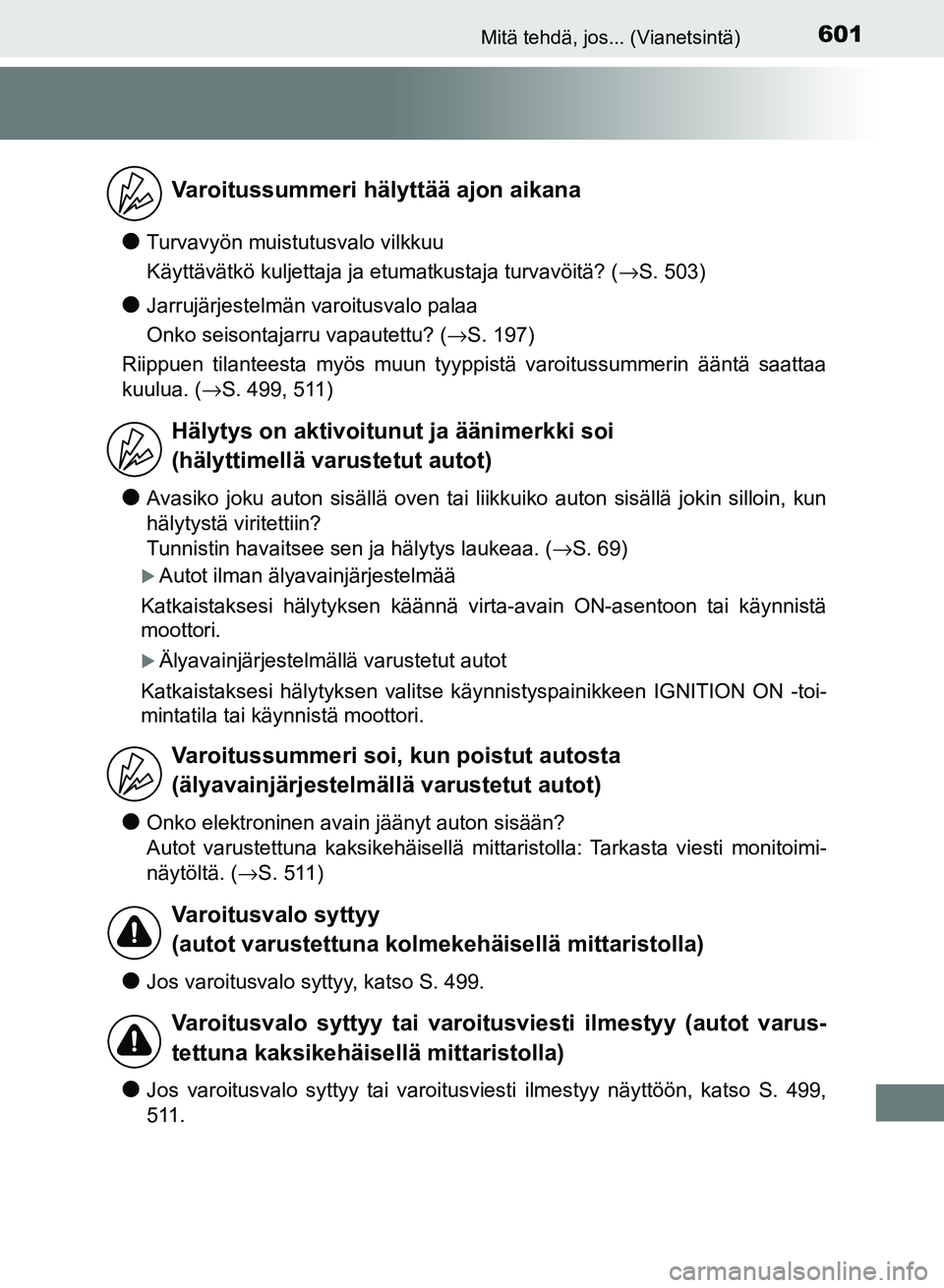 TOYOTA AURIS 2018 Omistajan Käsikirja (in Finnish) 601Mitä tehdä, jos... (Vianetsintä)
OM12M54FI
lTurvavyön muistutusvalo vilkkuu
Käyttävätkö kuljettaja ja etumatkustaja turvavöitä? (→S. 503)
lJarrujärjestelmän varoitusvalo palaa
Onko se TOYOTA AURIS 2018 Omistajan Käsikirja (in Finnish) 601Mitä tehdä, jos... (Vianetsintä)
OM12M54FI
lTurvavyön muistutusvalo vilkkuu
Käyttävätkö kuljettaja ja etumatkustaja turvavöitä? (→S. 503)
lJarrujärjestelmän varoitusvalo palaa
Onko se