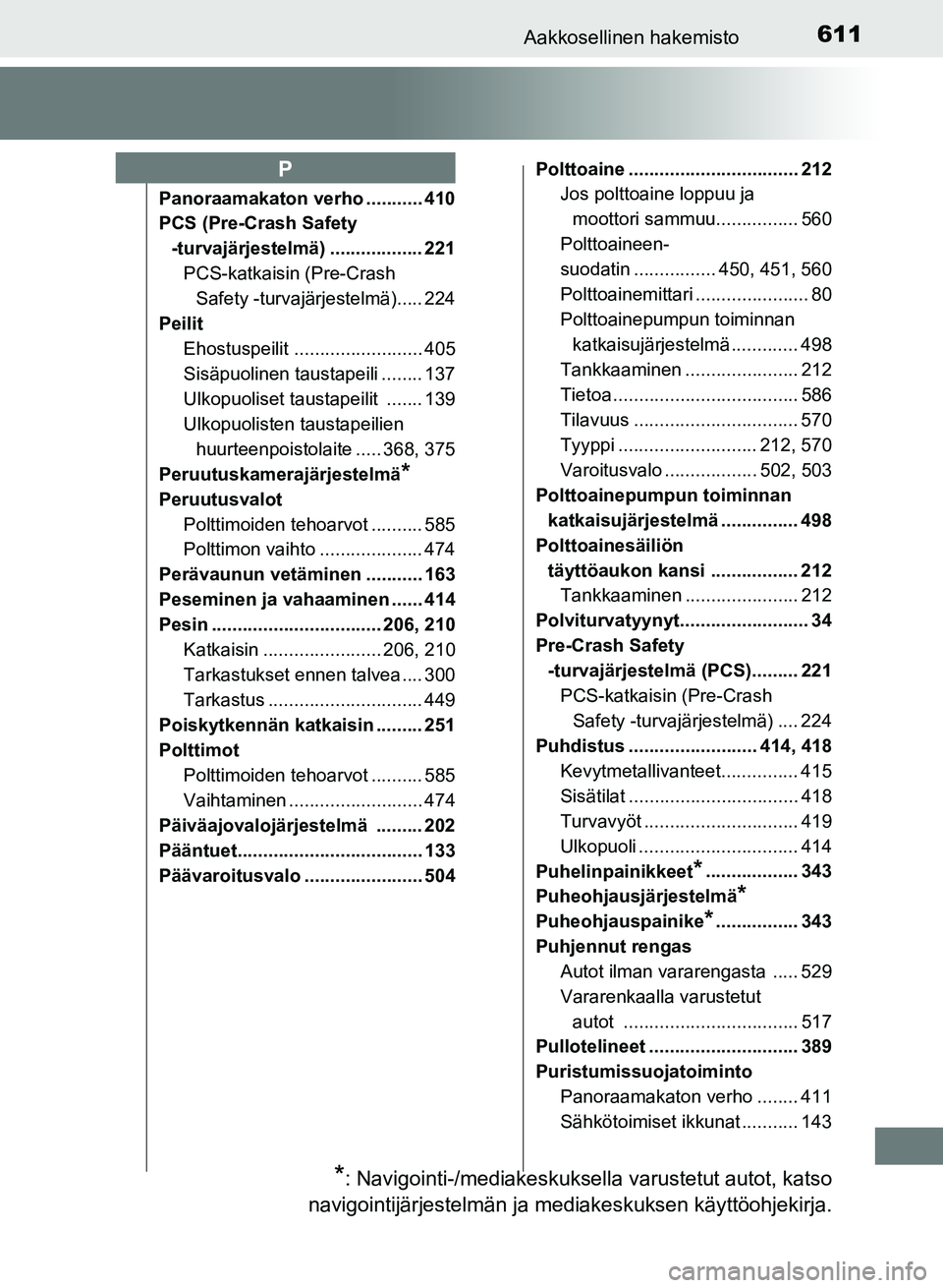 TOYOTA AURIS 2018 Omistajan Käsikirja (in Finnish) 611Aakkosellinen hakemisto
OM12M54FI
Panoraamakaton verho ........... 410
PCS (Pre-Crash Safety -turvajärjestelmä) .................. 221 PCS-katkaisin (Pre-Crash Safety -turvajärjestelmä)..... 22 TOYOTA AURIS 2018 Omistajan Käsikirja (in Finnish) 611Aakkosellinen hakemisto
OM12M54FI
Panoraamakaton verho ........... 410
PCS (Pre-Crash Safety -turvajärjestelmä) .................. 221 PCS-katkaisin (Pre-Crash Safety -turvajärjestelmä)..... 22