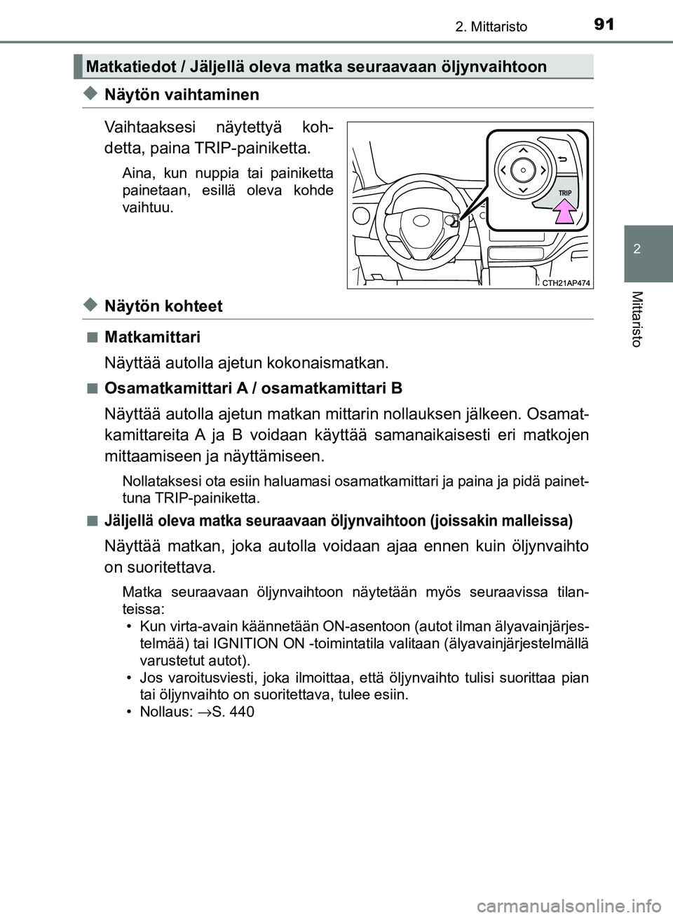TOYOTA AURIS 2018 Omistajan Käsikirja (in Finnish) 912. Mittaristo
OM12M54FI
2
Mittaristo
uNäytön vaihtaminen
Vaihtaaksesi näytettyä koh-
detta, paina TRIP-painiketta.
Aina, kun nuppia tai painiketta
painetaan, esillä oleva kohde
vaihtuu.
uNäyt TOYOTA AURIS 2018 Omistajan Käsikirja (in Finnish) 912. Mittaristo
OM12M54FI
2
Mittaristo
uNäytön vaihtaminen
Vaihtaaksesi näytettyä koh-
detta, paina TRIP-painiketta.
Aina, kun nuppia tai painiketta
painetaan, esillä oleva kohde
vaihtuu.
uNäyt