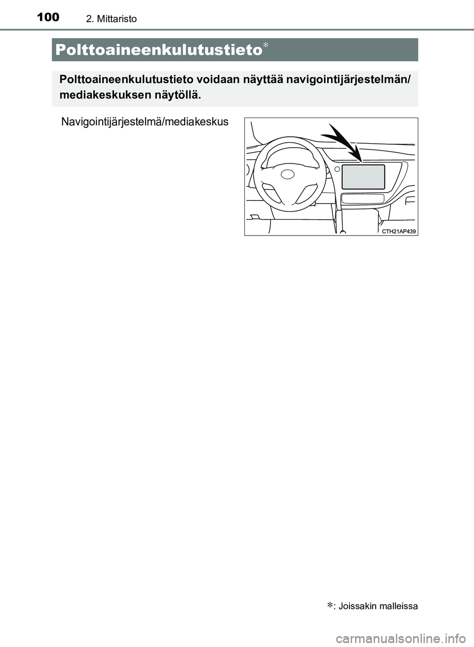 TOYOTA AURIS 2018  Omistajan Käsikirja (in Finnish) 1002. Mittaristo
OM12M54FI
Navigointijärjestelmä/mediakeskus
Polttoaineenkulutustieto∗
∗: Joissakin malleissa
Polttoaineenkulutustieto voidaan näyttää navigointijärjestelmän/
mediakeskuksen