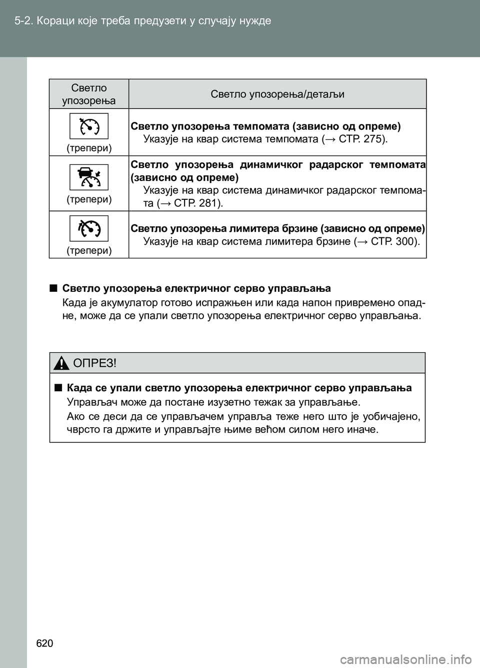TOYOTA AVENSIS 2013  Priručnik (in Serbian) 5-2. Кораци које треба предузети у случају нужде
620620
Светло 
упозорењаСветло упозорења/детаљи
(трепери)
Светло 