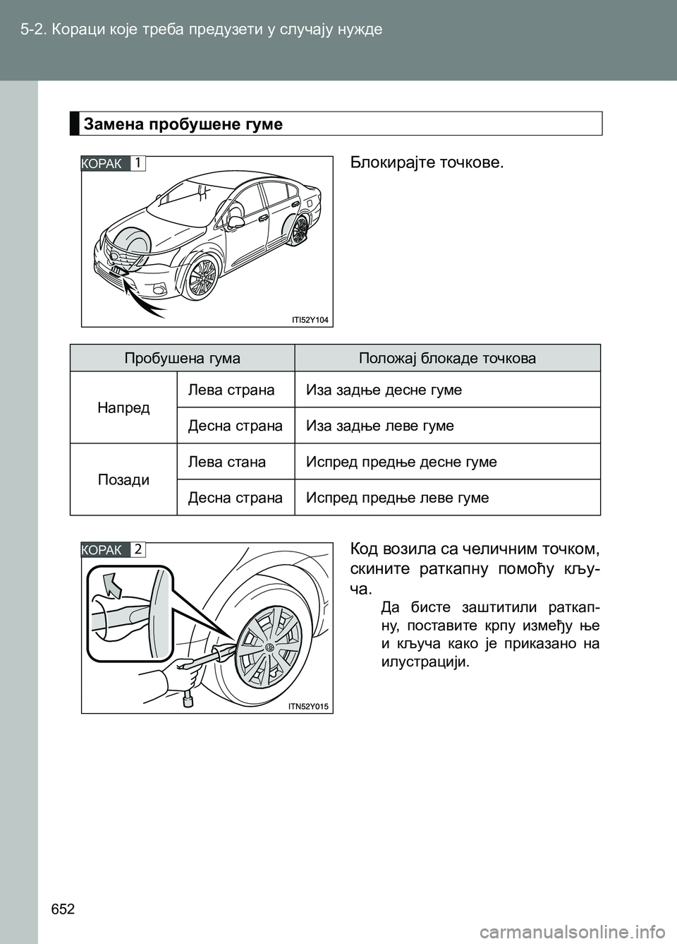 TOYOTA AVENSIS 2013  Priručnik (in Serbian) 5-2. Кораци које треба предузети у случају нужде
652
Замена пробушене гуме
КОРАК1
КОРАК2
Блокирајте точкове.
Код 
