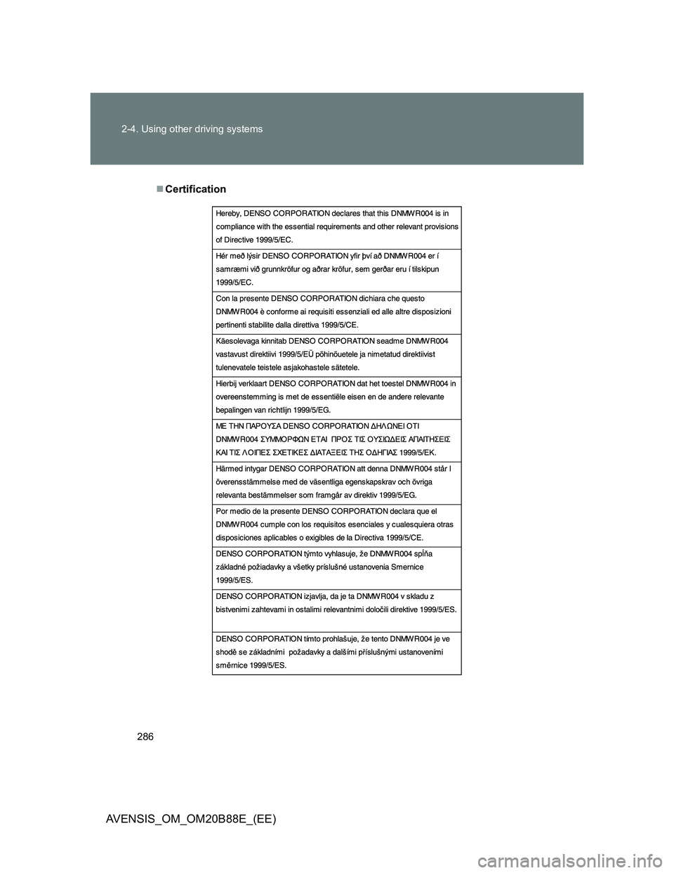 TOYOTA AVENSIS 2014  Owners Manual (in English) 286 2-4. Using other driving systems
AVENSIS_OM_OM20B88E_(EE)
Certification 