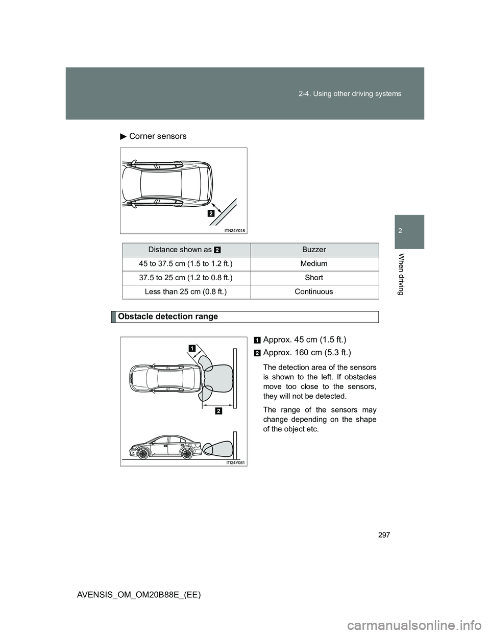 TOYOTA AVENSIS 2014  Owners Manual (in English) 297 2-4. Using other driving systems
2
When driving
AVENSIS_OM_OM20B88E_(EE)Corner sensors
Obstacle detection range
Approx. 45 cm (1.5 ft.)
Approx. 160 cm (5.3 ft.)
The detection area of the sensors
i