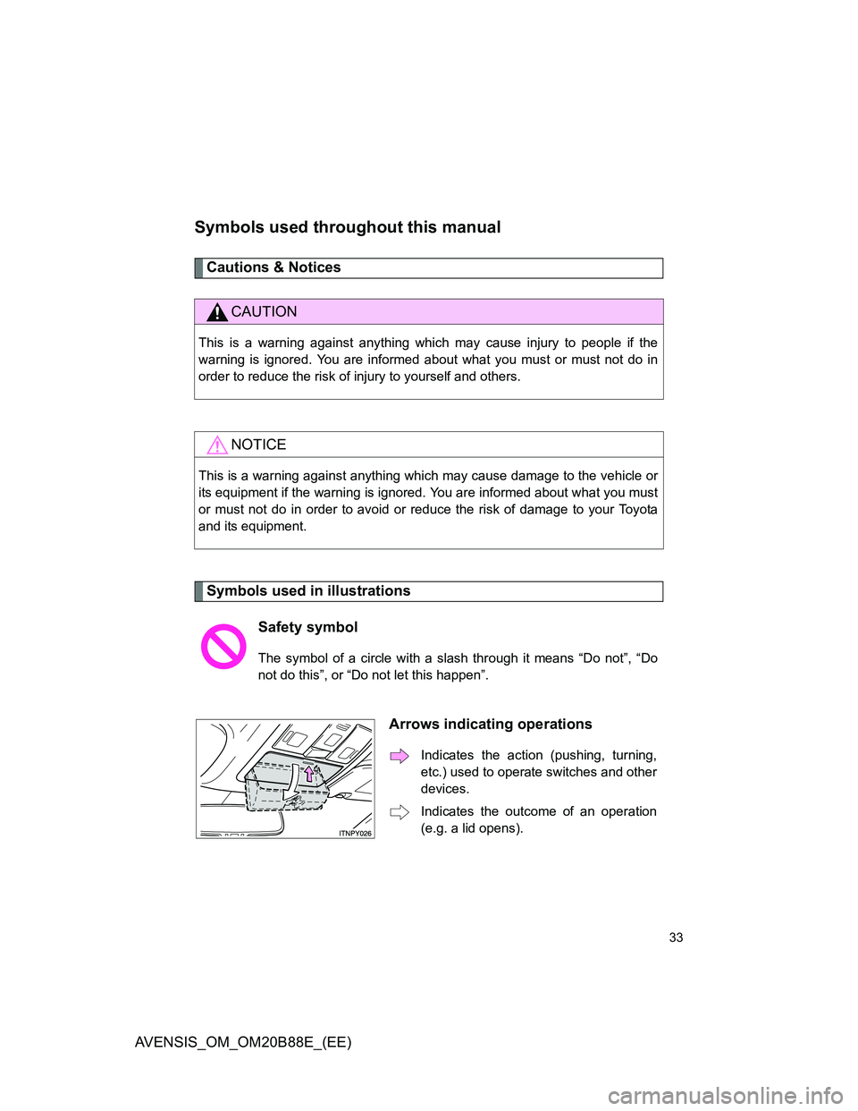 TOYOTA AVENSIS 2014  Owners Manual (in English) 33
AVENSIS_OM_OM20B88E_(EE)
Symbols used throughout this manual
Cautions & Notices 
Symbols used in illustrations
CAUTION
This is a warning against anything which may cause injury to people if the
war