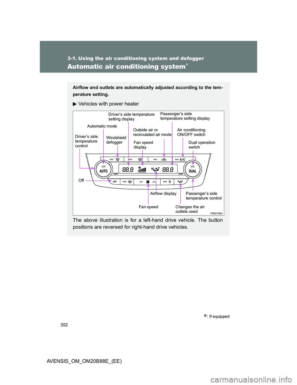 TOYOTA AVENSIS 2014  Owners Manual (in English) 352
AVENSIS_OM_OM20B88E_(EE)
3-1. Using the air conditioning system and defogger
Automatic air conditioning system
: If equipped
Airflow and outlets are automatically adjusted according to the t