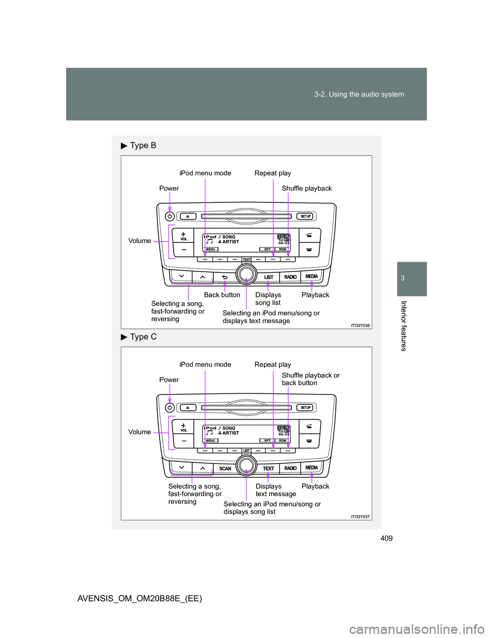 TOYOTA AVENSIS 2014  Owners Manual (in English) 409 3-2. Using the audio system
3
Interior features
AVENSIS_OM_OM20B88E_(EE)
Ty p e  B
Ty p e  C
Power
Vo lu m e
Back button Displays 
song list
iPod menu mode Repeat play
Shuffle playback
Playback
Se