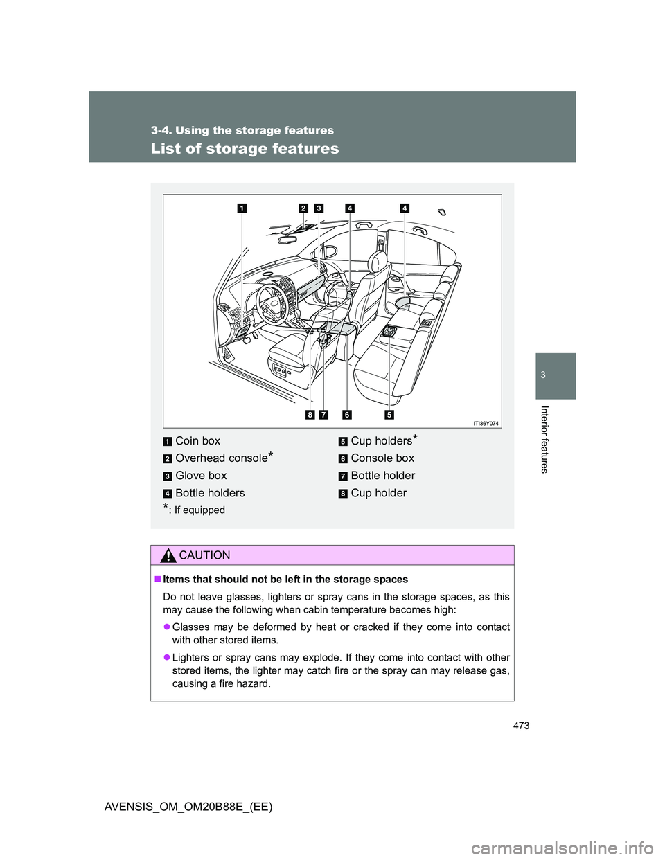TOYOTA AVENSIS 2014  Owners Manual (in English) 473
3
Interior features
AVENSIS_OM_OM20B88E_(EE)
3-4. Using the storage features
List of storage features
CAUTION
Items that should not be left in the storage spaces
Do not leave glasses, lighters 