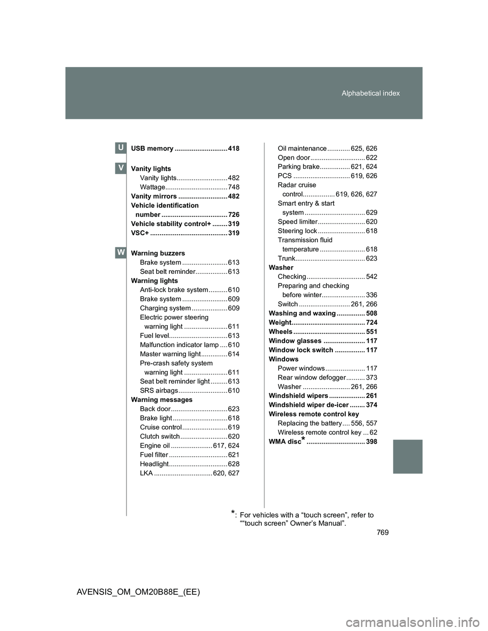 TOYOTA AVENSIS 2014  Owners Manual (in English) 769 Alphabetical index
AVENSIS_OM_OM20B88E_(EE)
USB memory ............................ 418
Vanity lights
Vanity lights........................... 482
Wattage................................. 748
Vani