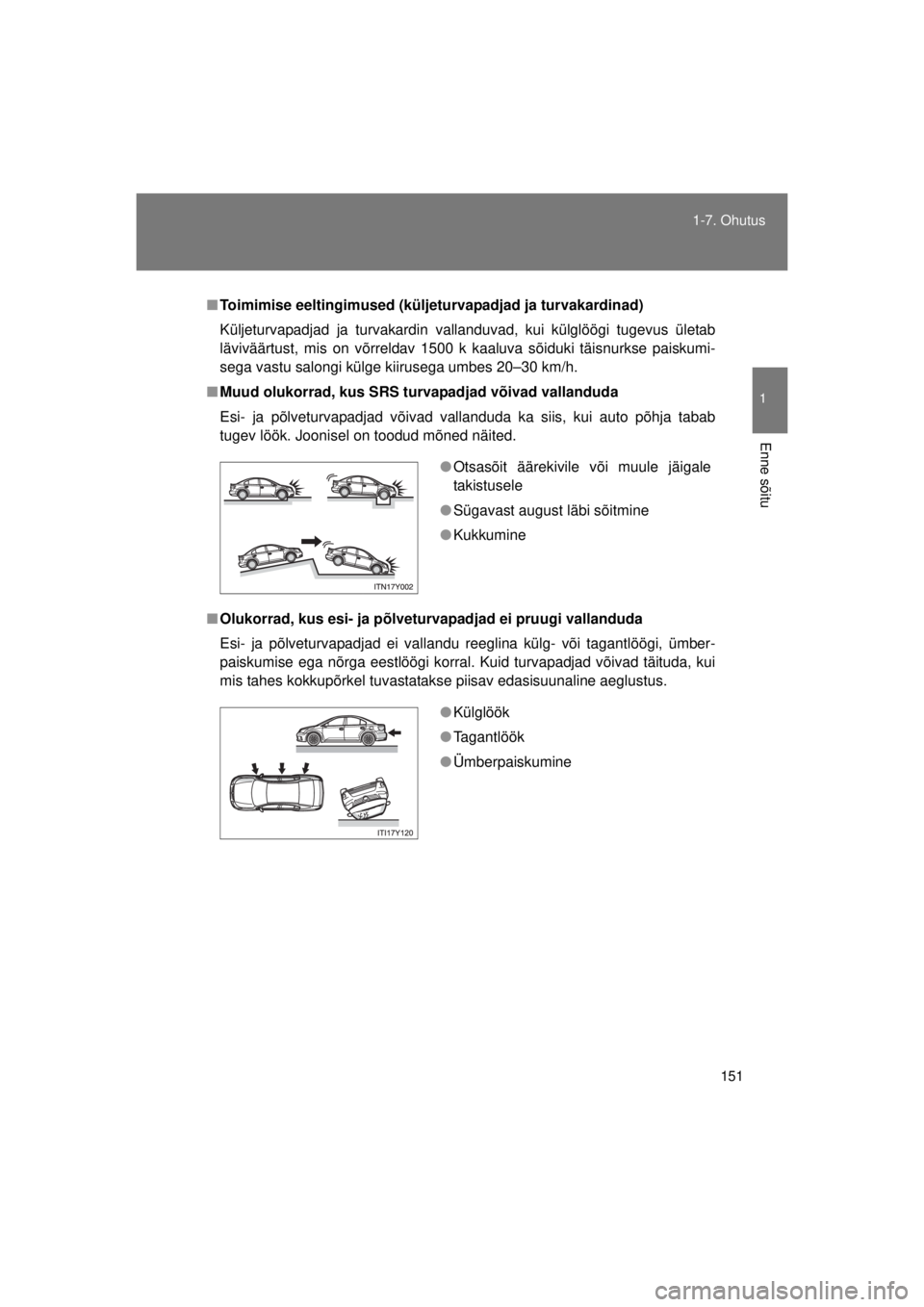 TOYOTA AVENSIS 2015  Kasutusjuhend (in Estonian) 151
1-7. Ohutus
1
Enne sõitu
AVENSIS_OM_OM20B99E_(EE)
■
Toimimise eeltingimused (küljeturvapadjad ja turvakardinad)
Küljeturvapadjad ja turvakardin vallanduvad, kui külglöögi tugevus ületab
l