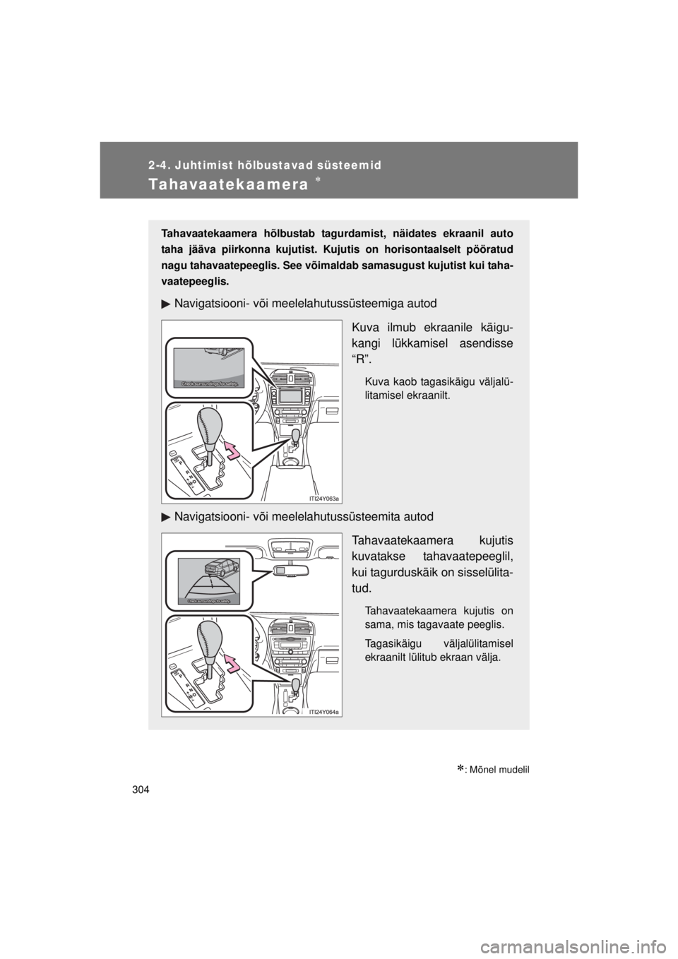 TOYOTA AVENSIS 2015  Kasutusjuhend (in Estonian) 304
2-4. Juhtimist hõlbustavad süsteemid
AVENSIS_OM_OM20B99E_(EE)
Tahavaatekaamera 
: Mõnel mudelil
Tahavaatekaamera hõlbustab tagurdamist, näidates ekraanil auto
taha jääva piirkonna kuj