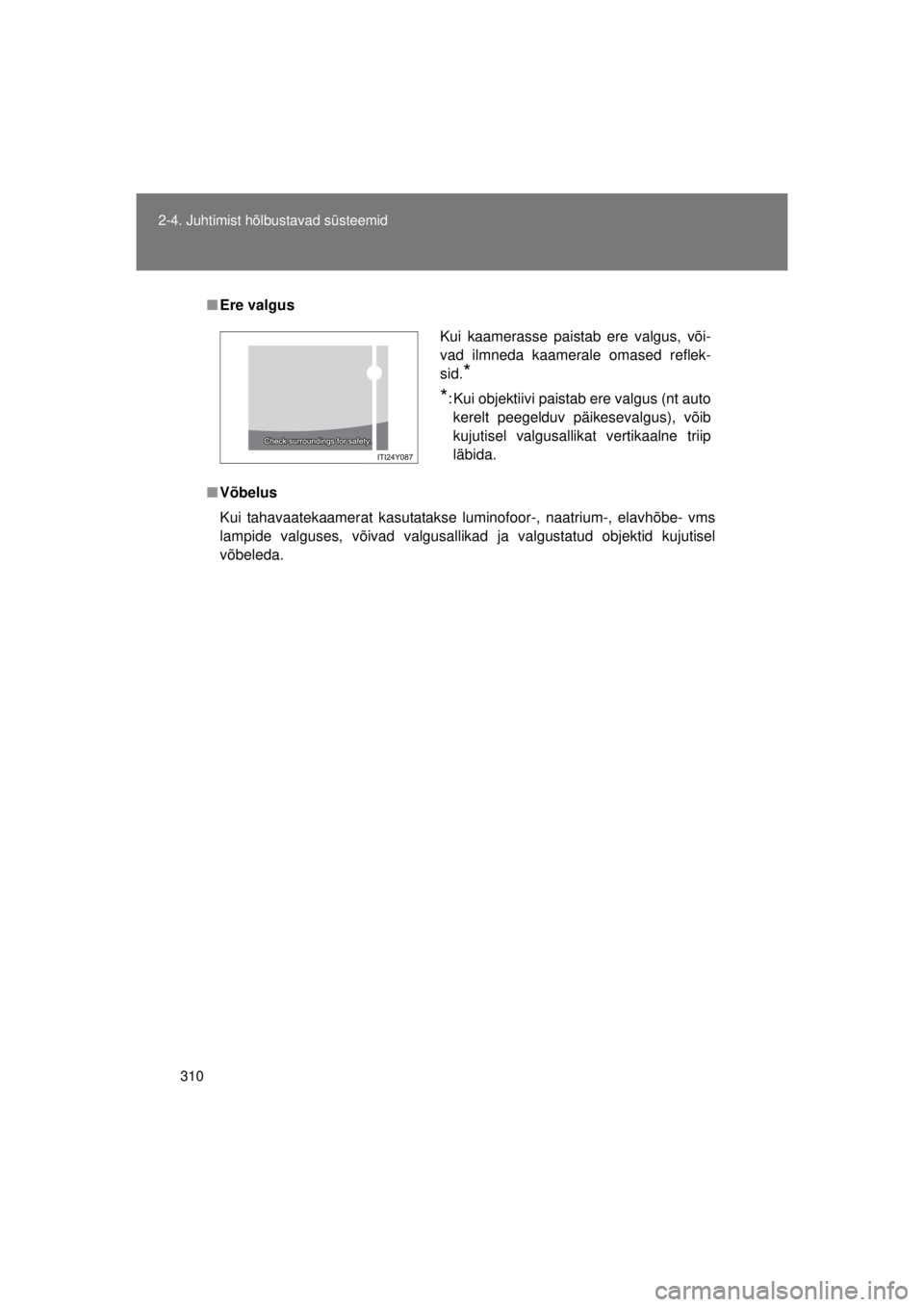 TOYOTA AVENSIS 2015  Kasutusjuhend (in Estonian) 310
2-4. Juhtimist hõlbustavad süsteemid
AVENSIS_OM_OM20B99E_(EE)
■
Ere valgus
■ Võbelus
Kui tahavaatekaamerat kasutatakse luminofoor-, naatrium-, elavhõbe- vms
lampide valguses, võivad valgu