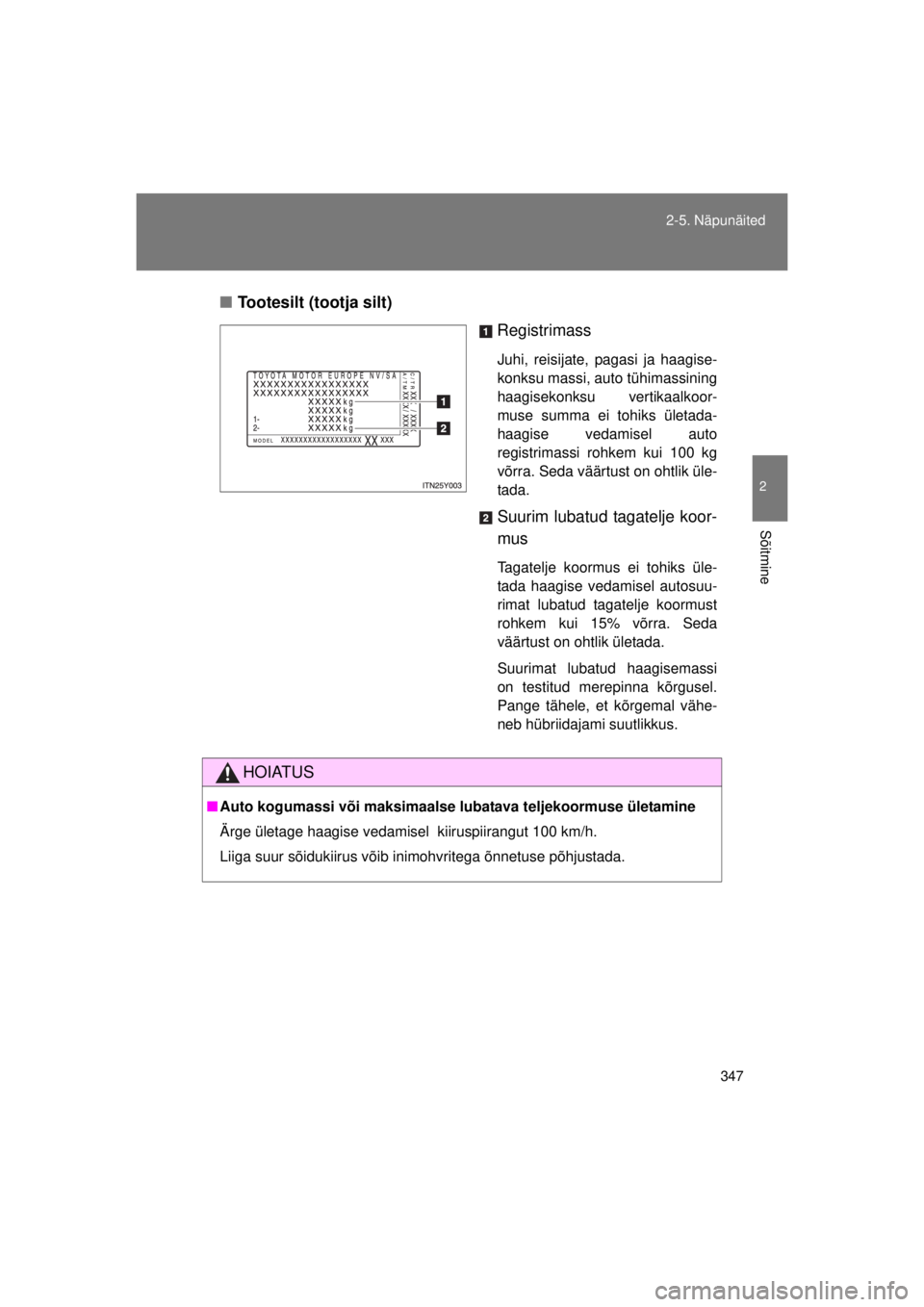 TOYOTA AVENSIS 2015  Kasutusjuhend (in Estonian) 347
2-5. Näpunäited
2
Sõitmine
AVENSIS_OM_OM20B99E_(EE)
■
Tootesilt (tootja silt)
Registrimass
Juhi, reisijate, pagasi ja haagise-
konksu massi, auto tühimassining
haagisekonksu vertikaalkoor-
m