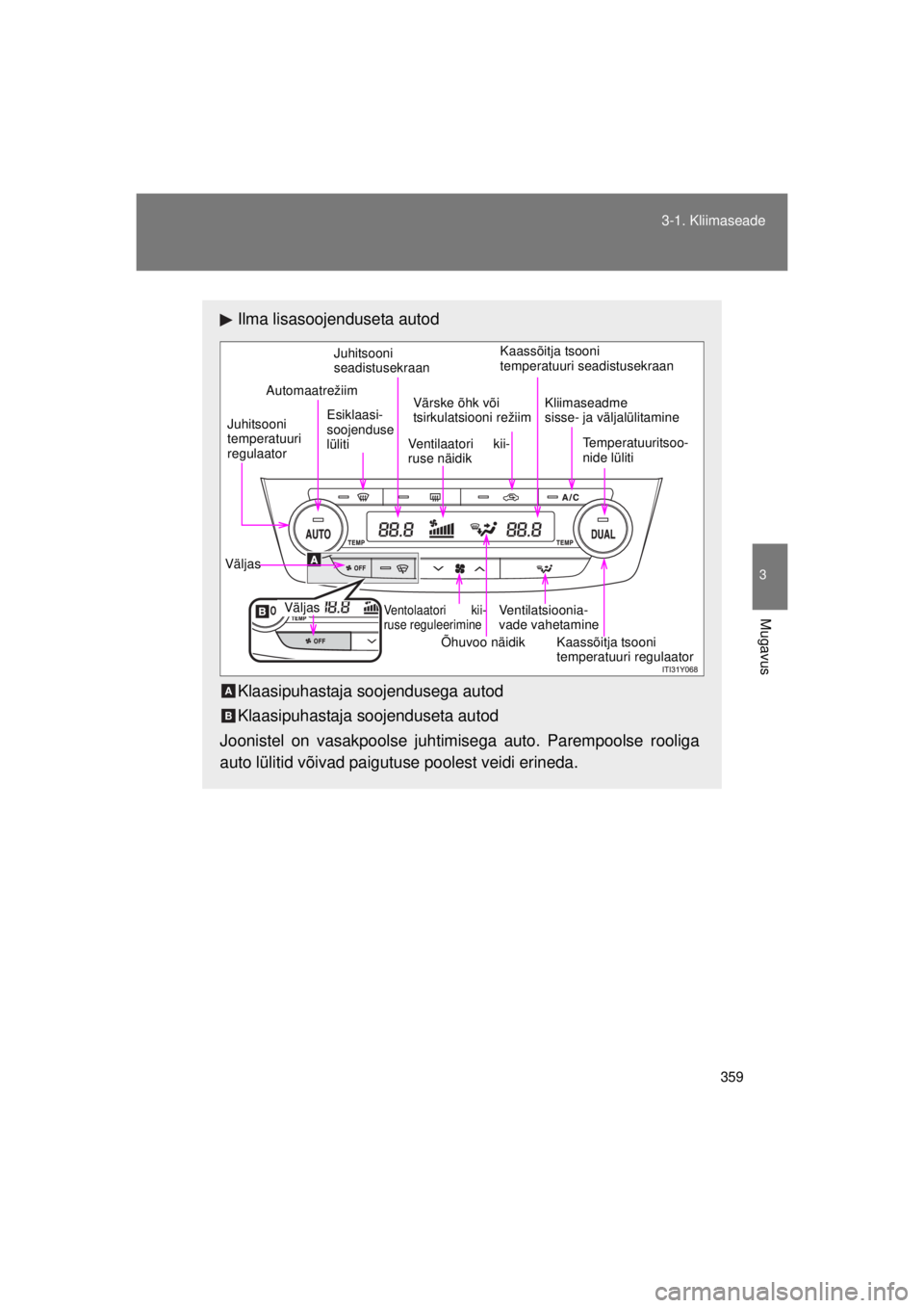 TOYOTA AVENSIS 2015  Kasutusjuhend (in Estonian) 359
3-1. Kliimaseade
3
Mugavus
AVENSIS_OM_OM20B99E_(EE)
Ilma lisasoojenduseta autod
Klaasipuhastaja soojendusega autod
Klaasipuhastaja soojenduseta autod
Joonistel on vasakpoolse juhtimisega auto. Par