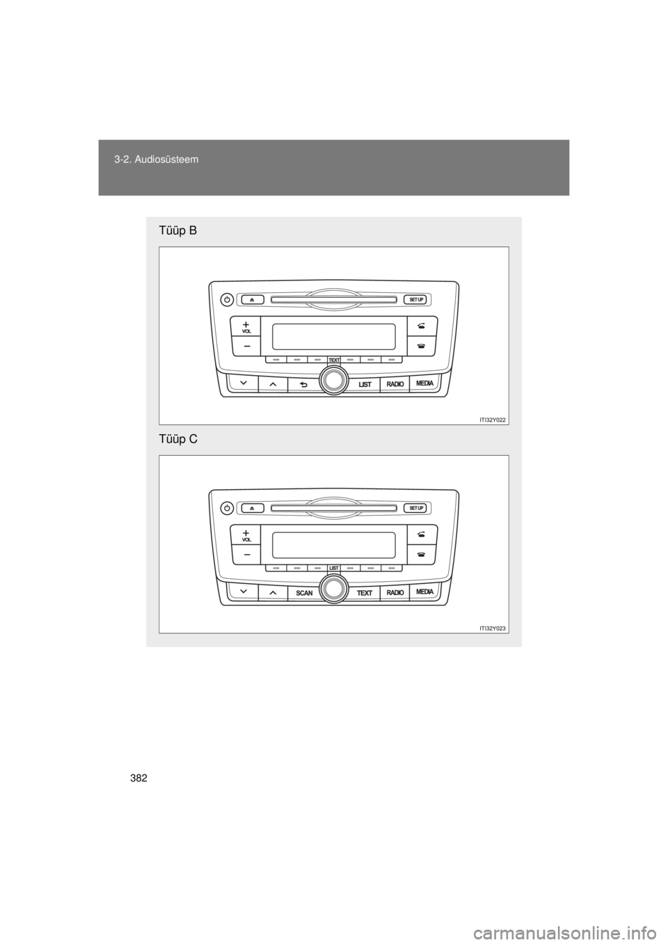 TOYOTA AVENSIS 2015  Kasutusjuhend (in Estonian) 382
3-2. Audiosüsteem
AVENSIS_OM_OM20B99E_(EE)
Tüüp B
Tüüp C
AVENSIS_OM_OM20B99E_(EE).book  Page 
382  Monday, January 20, 2014  1:34 AM 