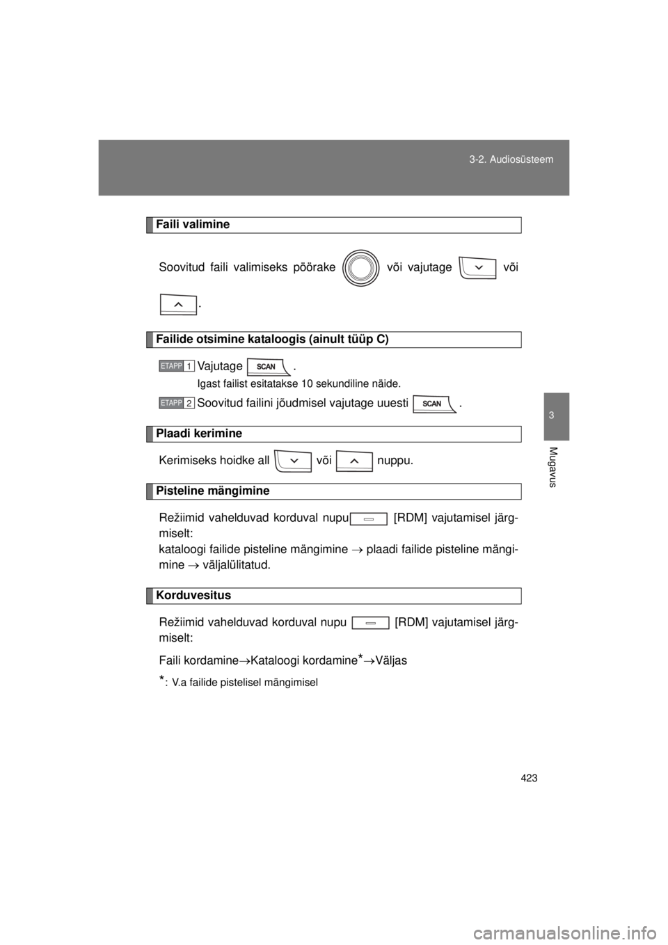 TOYOTA AVENSIS 2015  Kasutusjuhend (in Estonian) 423
3-2. Audiosüsteem
3
Mugavus
AVENSIS_OM_OM20B99E_(EE)
Faili valimine
Soovitud faili valimiseks pöör ake   või vajutage   või
.
Failide otsimine kata loogis (ainult tüüp C)
Vajutage .
Igast f