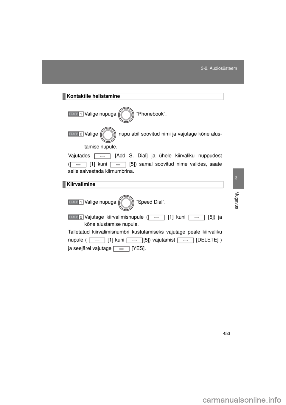 TOYOTA AVENSIS 2015  Kasutusjuhend (in Estonian) 453
3-2. Audiosüsteem
3
Mugavus
AVENSIS_OM_OM20B99E_(EE)
Kontaktile helistamine
Valige nupuga   “Phonebook”.
Valige   nupu abil soovitud nimi ja vajutage kõne alus-
tamise nupule.
Vajutades   [A