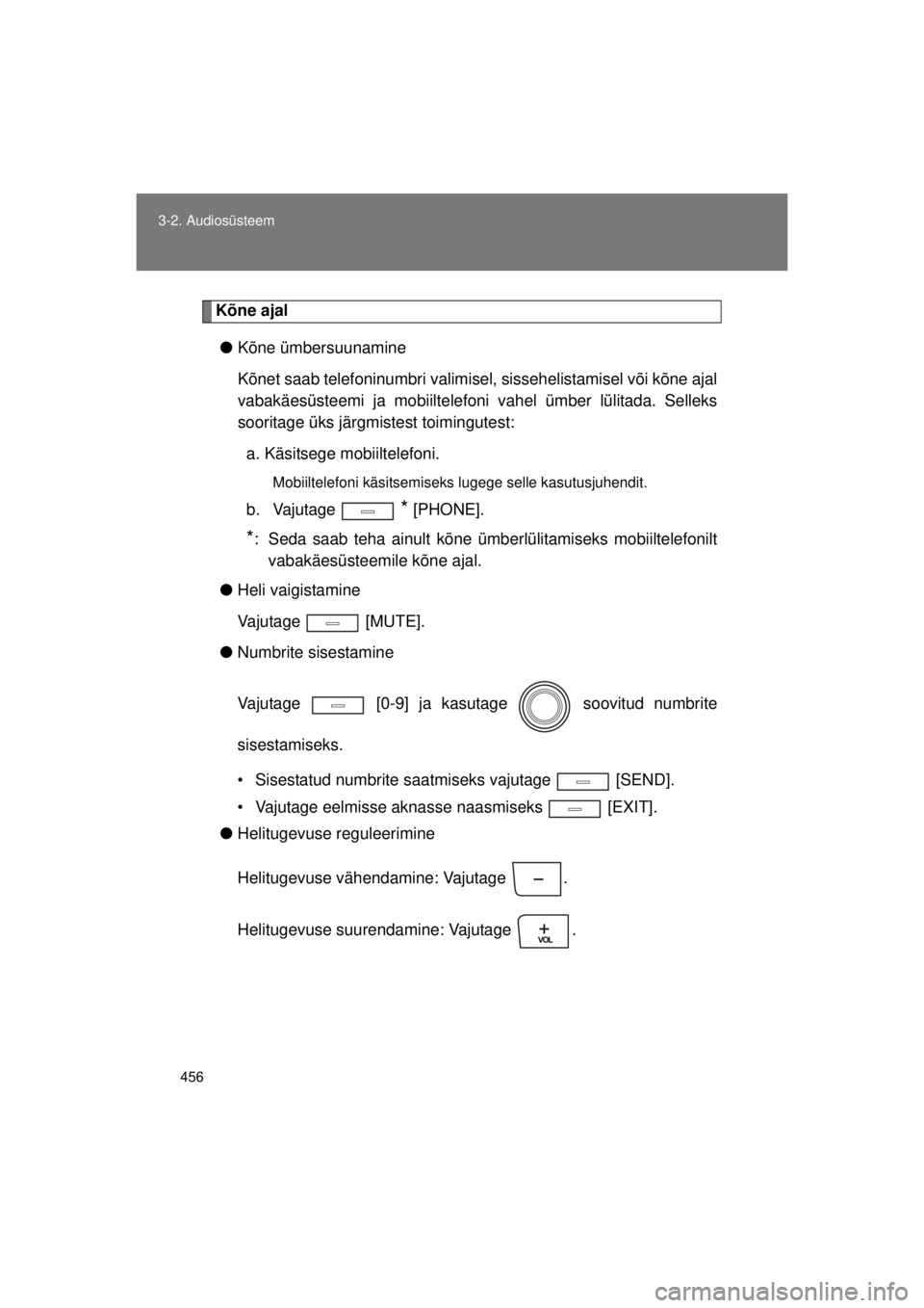 TOYOTA AVENSIS 2015  Kasutusjuhend (in Estonian) 456
3-2. Audiosüsteem
AVENSIS_OM_OM20B99E_(EE)
Kõne ajal
● Kõne ümbersuunamine
Kõnet saab telefoninumbri valimisel,  sissehelistamisel või kõne ajal
vabakäesüsteemi ja mobiiltelefoni  vahel
