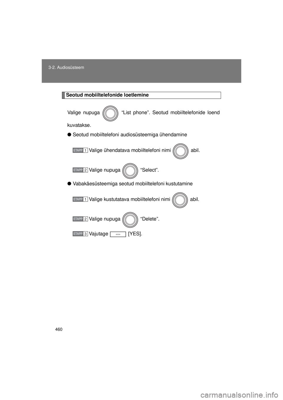 TOYOTA AVENSIS 2015  Kasutusjuhend (in Estonian) 460
3-2. Audiosüsteem
AVENSIS_OM_OM20B99E_(EE)
Seotud mobiiltelefonide loetlemine
Valige nupuga   “List phone”. Seot ud mobiiltelefonide loend
kuvatakse.
● Seotud mobiiltelefoni audiosüsteemig