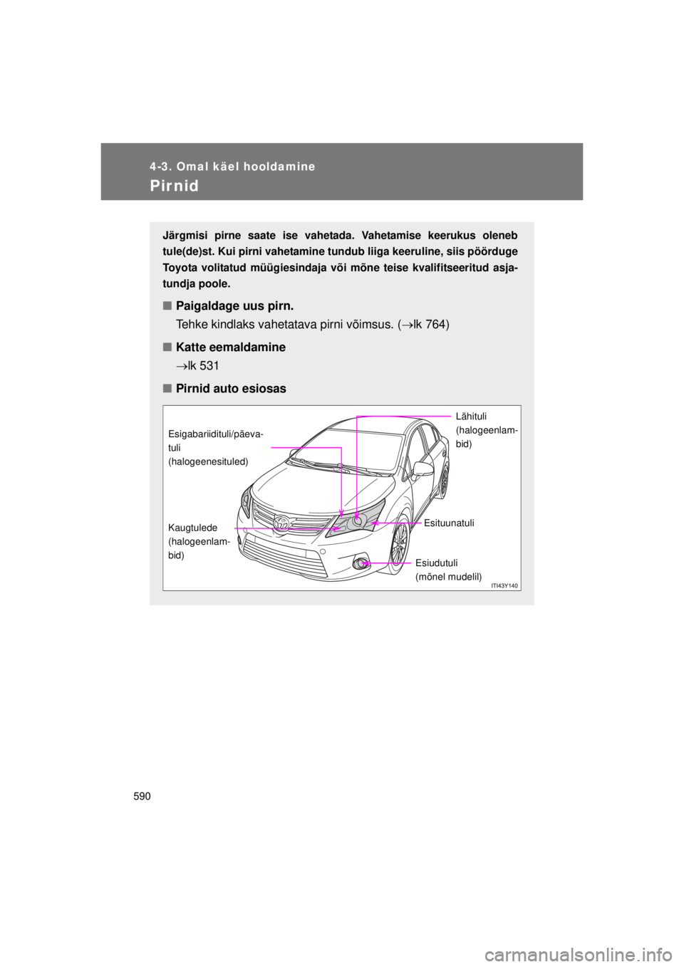TOYOTA AVENSIS 2015  Kasutusjuhend (in Estonian) 590
4-3. Omal käel hooldamine
AVENSIS_OM_OM20B99E_(EE)
Pirnid
Järgmisi pirne saate ise vahetada. Vahetamise keerukus oleneb
tule(de)st. Kui pirni vahetamine tundub liiga keeruline, siis pöörduge
T
