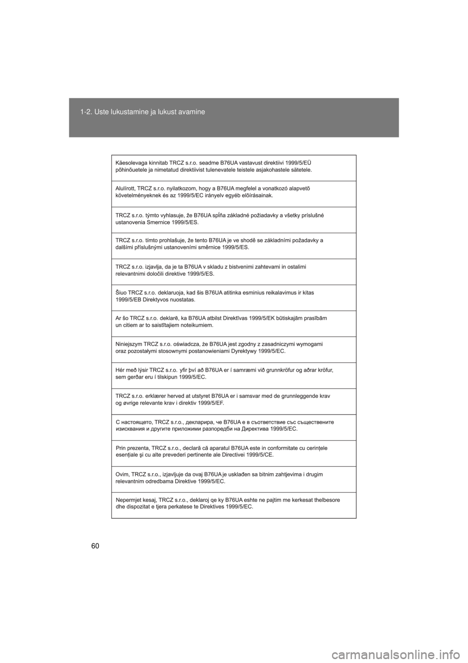 TOYOTA AVENSIS 2015  Kasutusjuhend (in Estonian) 60
1-2. Uste lukustamine ja lukust avamine
AVENSIS_OM_OM20B99E_(EE)
AVENSIS_OM_OM20B99E_(EE).book  Page 
60  Monday, January 20, 2014  1:34 AM 