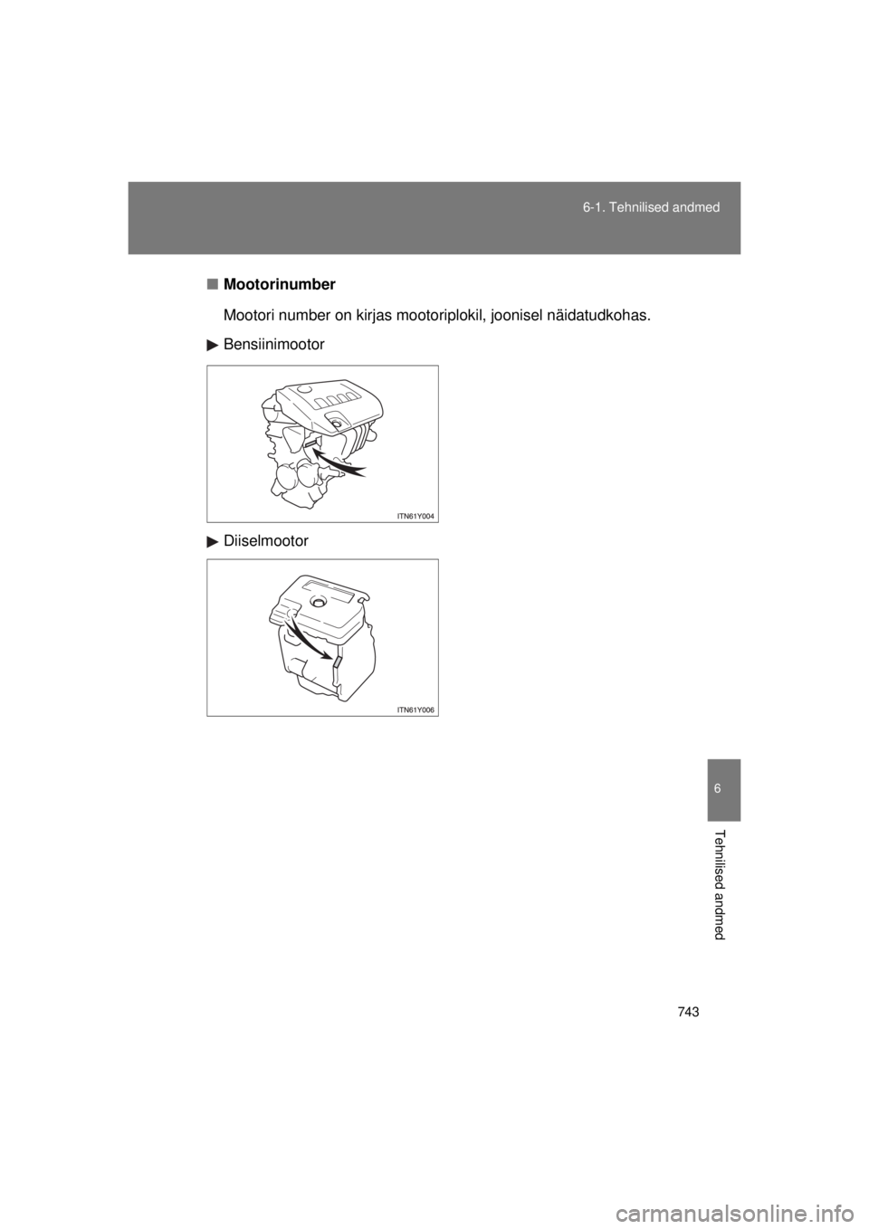 TOYOTA AVENSIS 2015  Kasutusjuhend (in Estonian) 743
6-1. Tehnilised andmed
6
Tehnilised andmed
AVENSIS_OM_OM20B99E_(EE)
■
Mootorinumber
Mootori number on kirjas mootoriplokil, joonisel näidatudkohas.
Bensiinimootor
Diiselmootor
AVENSIS_OM_OM20B9