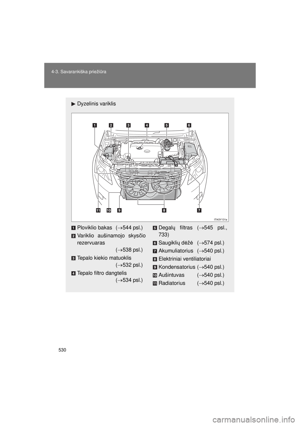 TOYOTA AVENSIS 2015  Eksploatavimo vadovas (in Lithuanian) 530
4-3. Savarankiška prieži
ūra
AVENSIS_OM_OM20B99E_(EE)
Dyzelinis variklis
Ploviklio bakas ( 544 psl.)
Variklio aušinamojo skys čio
rezervuaras ( 538 psl.)
Tepalo kiekio matuoklis ( 53