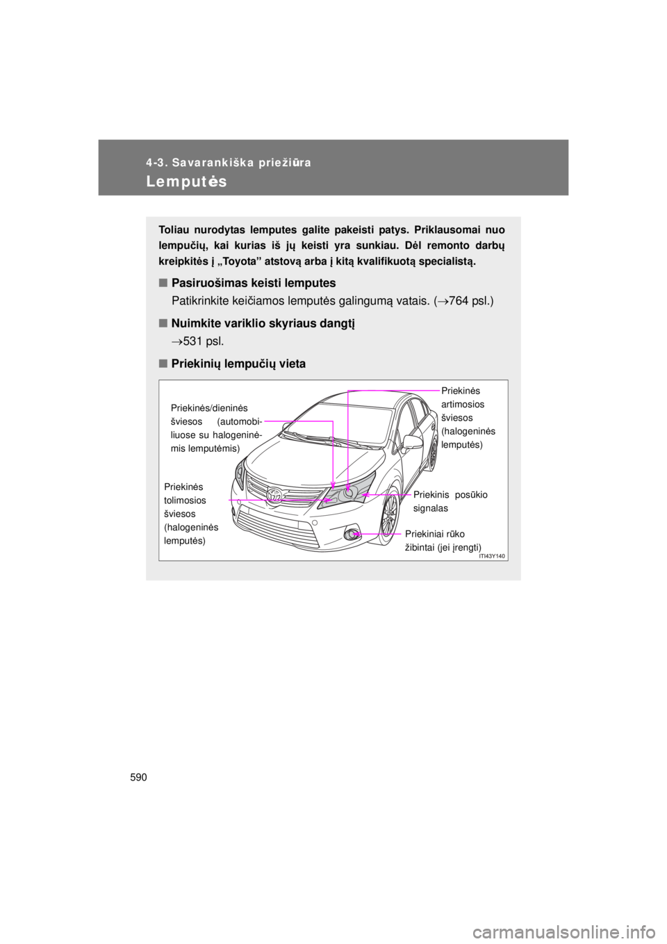 TOYOTA AVENSIS 2015  Eksploatavimo vadovas (in Lithuanian) 590
4-3. Savarankiška priežiūra
AVENSIS_OM_OM20B99E_(EE)
Lemput ės
Toliau nurodytas lemputes galite pakeisti patys. Priklausomai nuo
lempučių , kai kurias iš jų  keisti yra sunkiau. D ėl remo
