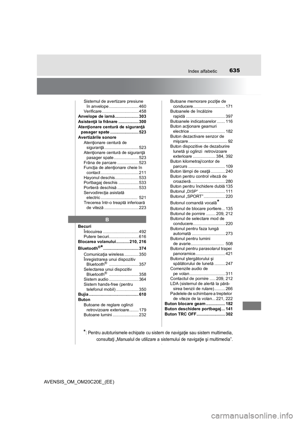 TOYOTA AVENSIS 2016  Manual de utilizare (in Romanian) 635Index alfabetic
AVENSIS_OM_OM20C20E_(EE)
Sistemul de avertizare presiune 
în anvelope ......................... 460
Verificare ............................... 458
Anvelope de iarnă...............