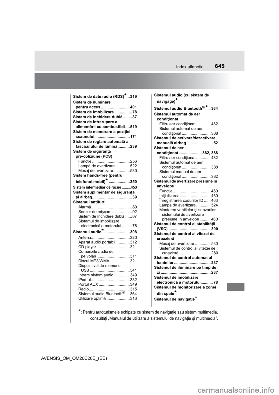TOYOTA AVENSIS 2016  Manual de utilizare (in Romanian) 645Index alfabetic
AVENSIS_OM_OM20C20E_(EE)
Sistem de date radio (RDS)*.. 319
Sistem de iluminare 
pentru acces .........................  401
Sistem de imobilizare ................ 78
Sistem de înch