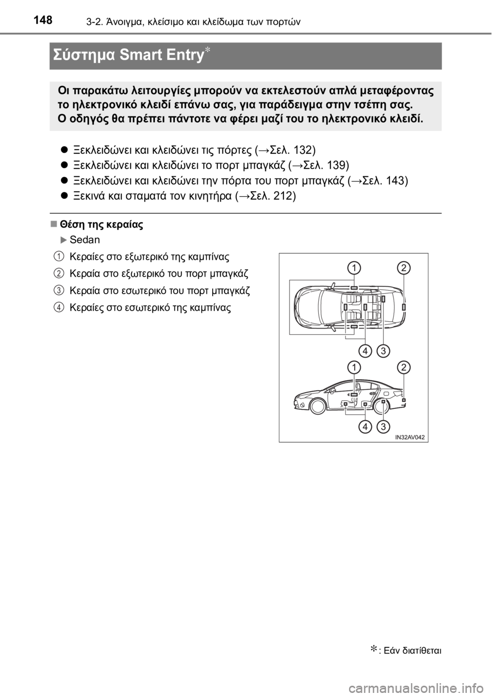 TOYOTA AVENSIS 2016  ΟΔΗΓΌΣ ΧΡΉΣΗΣ (in Greek) 1483-2. Άνοιγμα, κλείσιμο και κλείδωμα των πορτών
Σύστημα Smart Entry∗
Ξεκλειδώνει και κλειδώνει τις πόρτες (→Σελ. 1