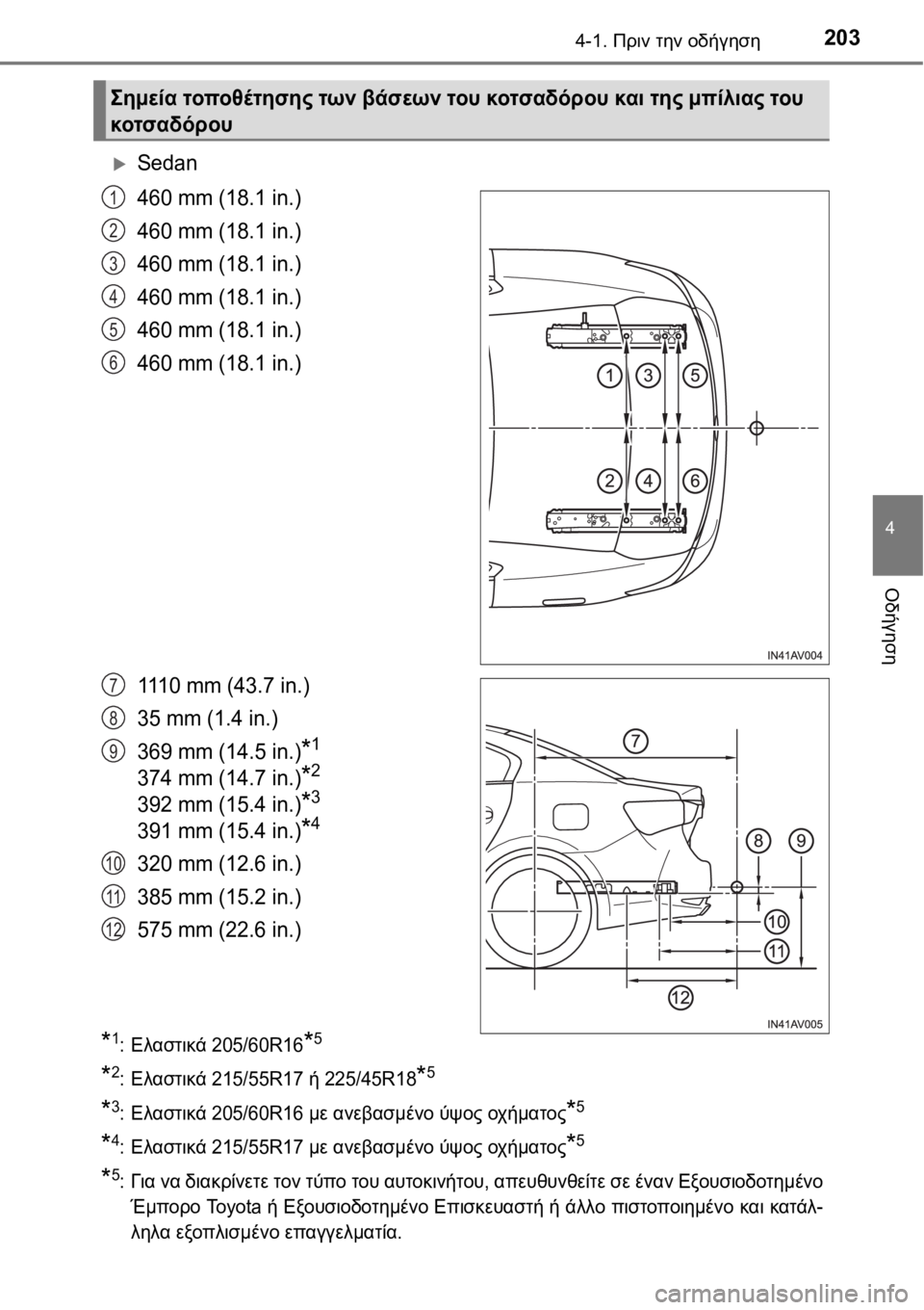 TOYOTA AVENSIS 2016  ΟΔΗΓΌΣ ΧΡΉΣΗΣ (in Greek) 2034-1. Πριν την οδήγηση
4
Οδήγηση
Sedan
460 mm (18.1 in.)
460 mm (18.1 in.)
460 mm (18.1 in.)
460 mm (18.1 in.)
460 mm (18.1 in.)
460 mm (18.1 in.)
1110 mm (43.7 in.)
35 mm (1