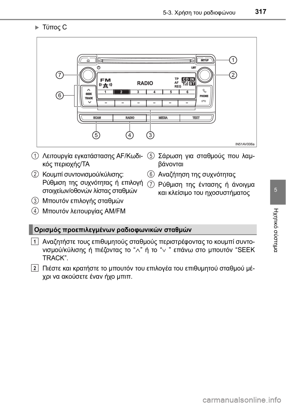 TOYOTA AVENSIS 2016  ΟΔΗΓΌΣ ΧΡΉΣΗΣ (in Greek) 3175-3. Χρήση του ραδιοφώνου
5
Ηχητικό σύστημα
Τύ π ο ς C
Αναζητήστε τους επιθυμητούς σταθμούς περιστρέφοντας τ