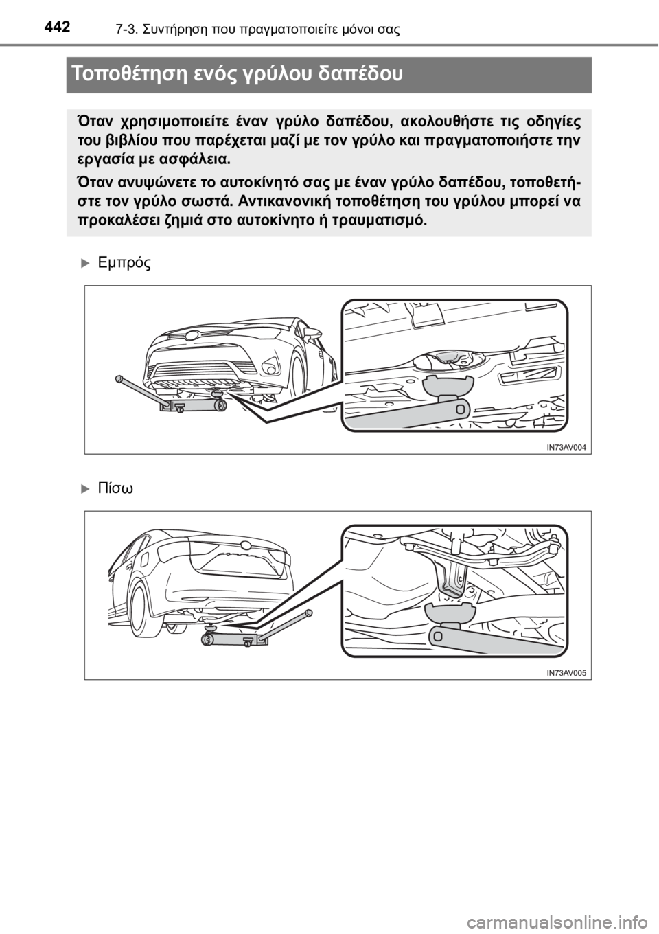 TOYOTA AVENSIS 2016  ΟΔΗΓΌΣ ΧΡΉΣΗΣ (in Greek) 4427-3. Συντήρηση που πραγματοποιείτε μόνοι σας
Το πο θ έ τ η σ η ενός γρύλου δαπέδου
Εμπρός
Πίσω
Όταν χρησιμο