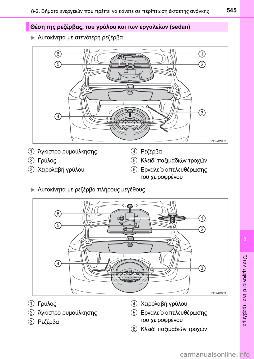 TOYOTA AVENSIS 2016  ΟΔΗΓΌΣ ΧΡΉΣΗΣ (in Greek) 5458-2. Βήματα ενεργειών που πρέπει να κάνετε σε περίπτωση έκτακτης ανάγκης
8
Όταν εμφανιστεί ένα πρόβλημα
Αυτ