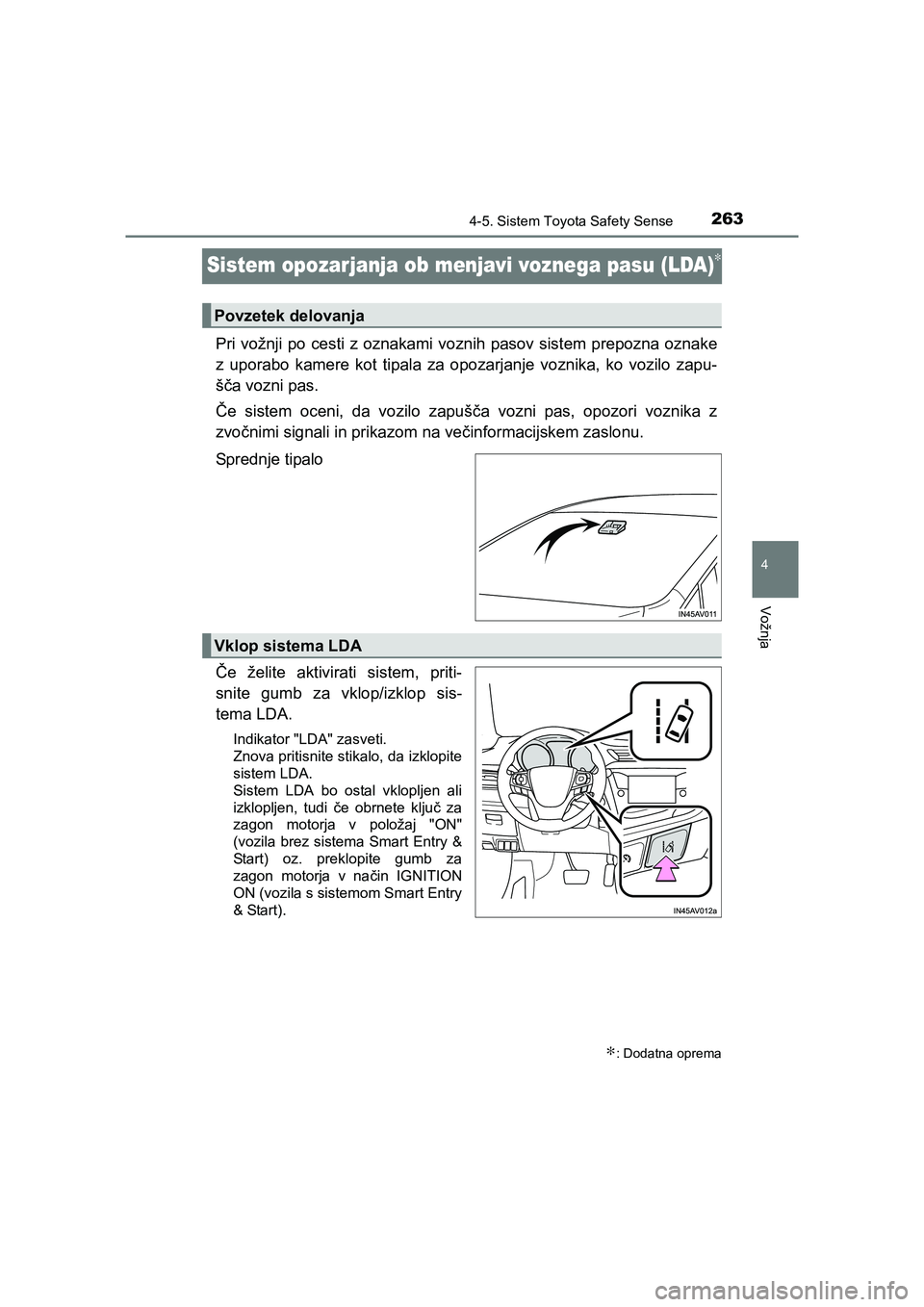 TOYOTA AVENSIS 2016  Navodila Za Uporabo (in Slovenian) 263
4
4-5. Sistem Toyota Safety Sense
Vožnja
AVENSIS_OM_OM20C20E_(EE)
Sistem opozarjanja ob menjavi voznega pasu (LDA)∗
Pri vožnji po cesti z oznakami voznih pasov sistem prepozna oznake
z uporabo
