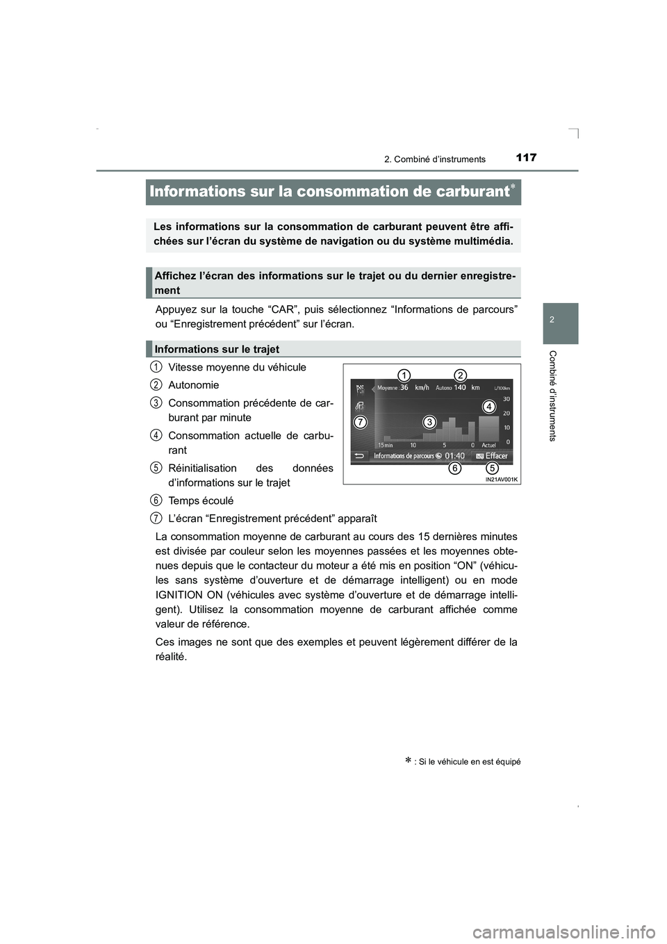 TOYOTA AVENSIS 2016 Notices Demploi (in French) 117
2
2. Combiné d’instruments
Combiné d’instruments
AVENSIS_OM_OM20C21K_(EK)
Informations sur la consommation de carburant∗
Appuyez sur la touche “CAR”, puis sélectionnez “Informations TOYOTA AVENSIS 2016 Notices Demploi (in French) 117
2
2. Combiné d’instruments
Combiné d’instruments
AVENSIS_OM_OM20C21K_(EK)
Informations sur la consommation de carburant∗
Appuyez sur la touche “CAR”, puis sélectionnez “Informations