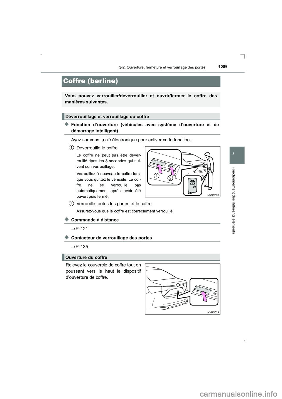 TOYOTA AVENSIS 2016 Notices Demploi (in French) 139
3
3-2. Ouverture, fermeture et verrouillage des portes
Fonctionnement des différents éléments
AVENSIS_OM_OM20C21K_(EK)
Coffre (berline)
◆Fonction d’ouverture (véhicules avec système d’o TOYOTA AVENSIS 2016 Notices Demploi (in French) 139
3
3-2. Ouverture, fermeture et verrouillage des portes
Fonctionnement des différents éléments
AVENSIS_OM_OM20C21K_(EK)
Coffre (berline)
◆Fonction d’ouverture (véhicules avec système d’o