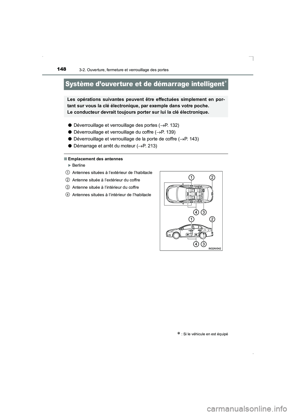 TOYOTA AVENSIS 2016  Notices Demploi (in French) 1483-2. Ouverture, fermeture et verrouillage des portes
AVENSIS_OM_OM20C21K_(EK)
Système d’ouverture et de démarrage intelligent∗
●Déverrouillage et verrouillage des portes ( →P. 132)
● D