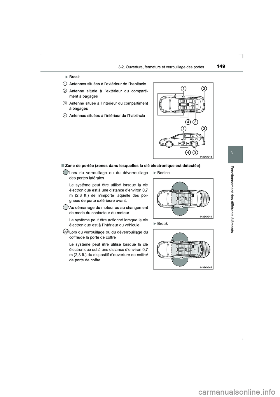 TOYOTA AVENSIS 2016  Notices Demploi (in French) 1493-2. Ouverture, fermeture et verrouillage des portes
3
Fonctionnement des différents éléments
AVENSIS_OM_OM20C21K_(EK)
�XBreak
■ Zone de portée (zones dans lesquelles la clé électronique es