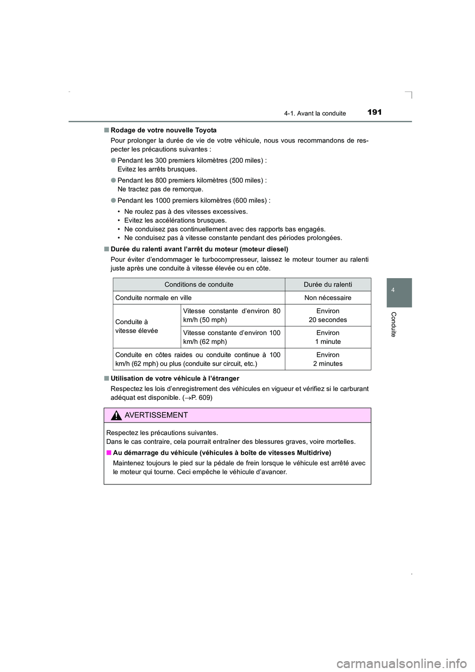TOYOTA AVENSIS 2016  Notices Demploi (in French) 1914-1. Avant la conduite
4
Conduite
AVENSIS_OM_OM20C21K_(EK)■
Rodage de votre nouvelle Toyota
Pour prolonger la durée de vie de votre véhicule, nous vous recommandons de res-
pecter les précauti