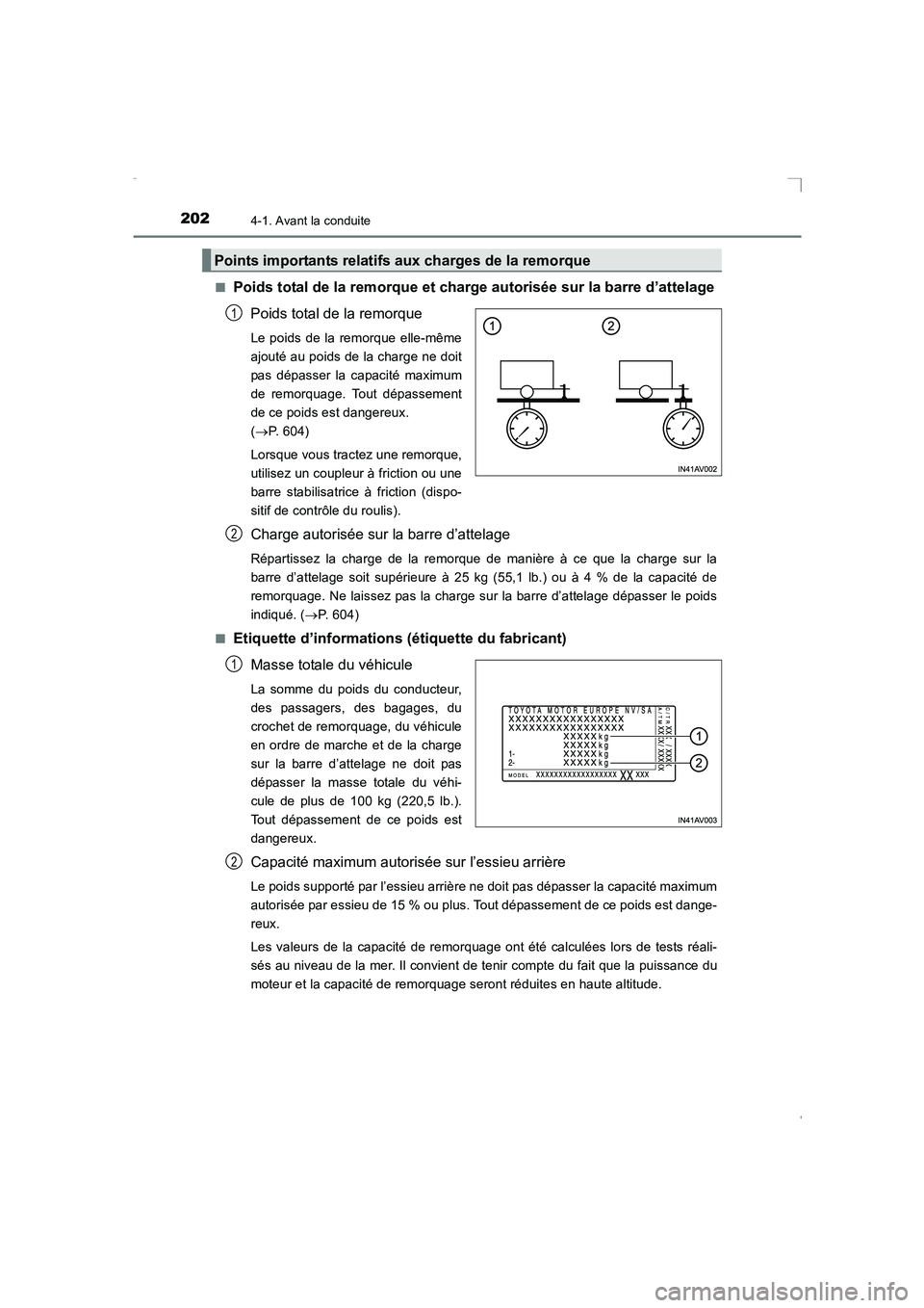 TOYOTA AVENSIS 2016 Notices Demploi (in French) 2024-1. Avant la conduite
AVENSIS_OM_OM20C21K_(EK)■
Poids total de la remorque et char
ge autorisée sur la barre d’attelage
Poids total de la remorque
Le poids de la remorque elle-même
ajouté a TOYOTA AVENSIS 2016 Notices Demploi (in French) 2024-1. Avant la conduite
AVENSIS_OM_OM20C21K_(EK)■
Poids total de la remorque et char
ge autorisée sur la barre d’attelage
Poids total de la remorque
Le poids de la remorque elle-même
ajouté a