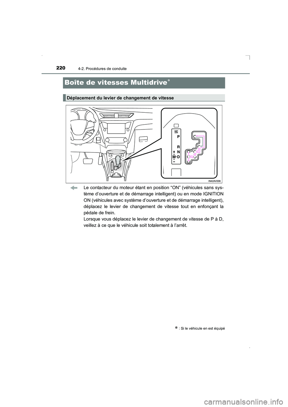 TOYOTA AVENSIS 2016  Notices Demploi (in French) 2204-2. Procédures de conduite
AVENSIS_OM_OM20C21K_(EK)
Boîte de vitesses Multidrive∗
Le contacteur du moteur étant en position “ON” (véhicules sans sys-
tème d’ouverture et de démarrage