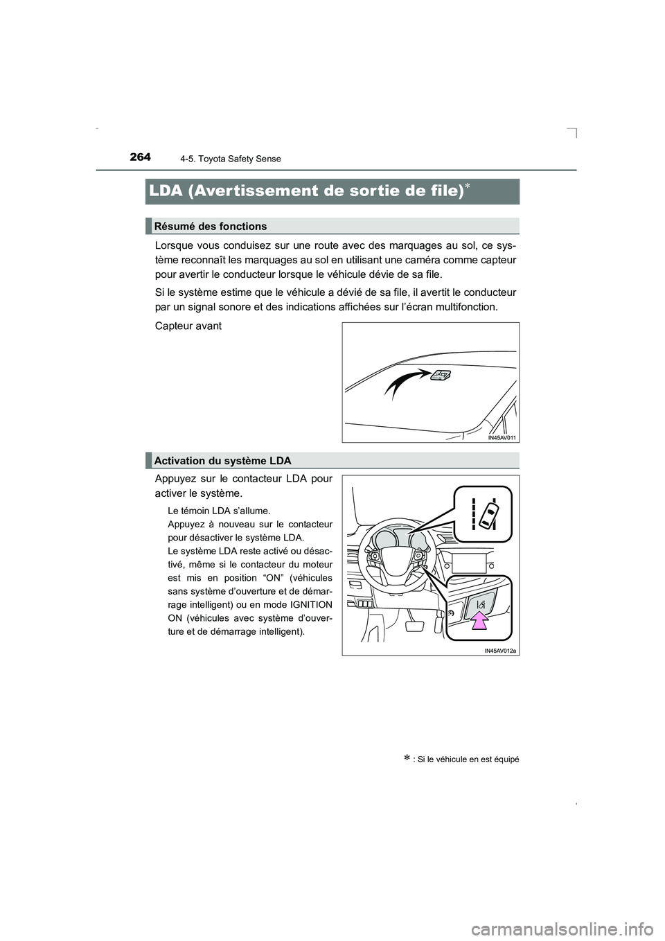 TOYOTA AVENSIS 2016 Notices Demploi (in French) 2644-5. Toyota Safety Sense
AVENSIS_OM_OM20C21K_(EK)
LDA (Avertissement de sor tie de file)∗
Lorsque vous conduisez sur une route avec des marquages au sol, ce sys-
tème reconnaît les marquages au TOYOTA AVENSIS 2016 Notices Demploi (in French) 2644-5. Toyota Safety Sense
AVENSIS_OM_OM20C21K_(EK)
LDA (Avertissement de sor tie de file)∗
Lorsque vous conduisez sur une route avec des marquages au sol, ce sys-
tème reconnaît les marquages au