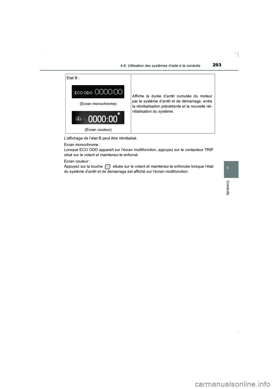 TOYOTA AVENSIS 2016  Notices Demploi (in French) 2934-6. Utilisation des systèmes d’aide à la conduite
4
Conduite
AVENSIS_OM_OM20C21K_(EK)L’affichage de l’état B peut être réinitialisé.
Ecran monochrome : 
Lorsque ECO ODO apparaît sur l