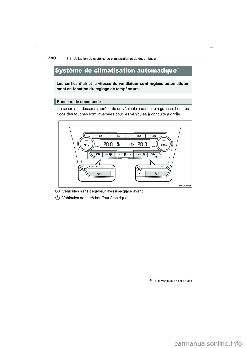 TOYOTA AVENSIS 2016  Notices Demploi (in French) 3906-1. Utilisation du système de climatisation et du désembueur
AVENSIS_OM_OM20C21K_(EK)
Système de climatisation automatique∗
Le schéma ci-dessous représente un véhicule à conduite à gauch